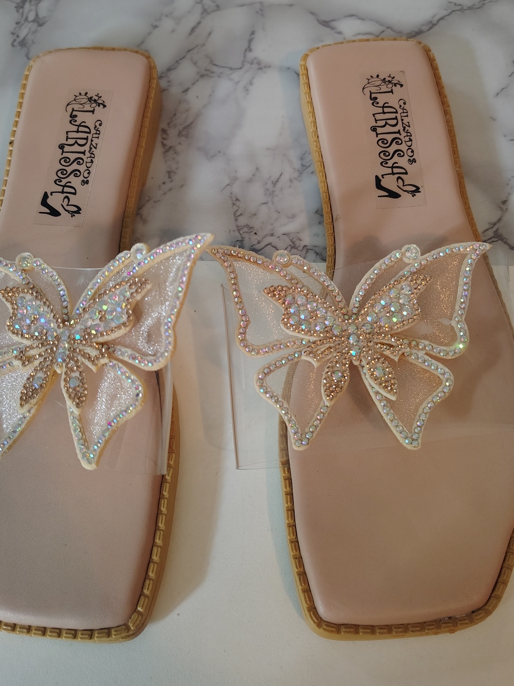 Women's Pink Butterfly Embellished Slide Sandals